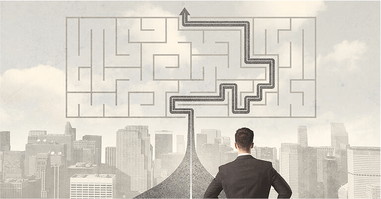 Businessman looking at road with maze and solution concept