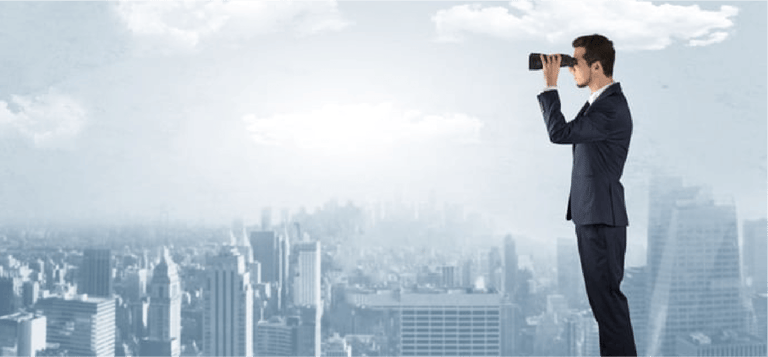 Businessman looking forward to a city  with binoculars from skyscraper concept