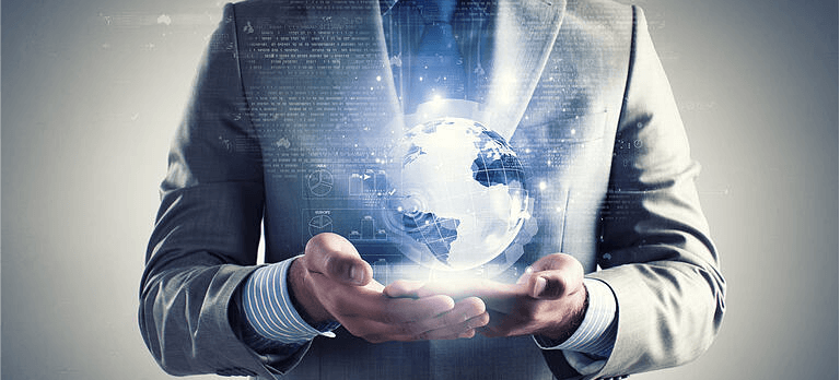 Close up of businessman holding digital globe in palm