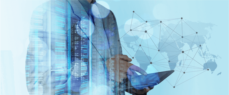 Double exposure of businessman working with new modern computer show social network structure and bokeh exposure