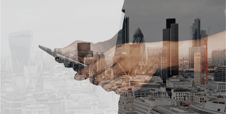 Double exposure of success businessman using digital tablet with london building and social media diagram
