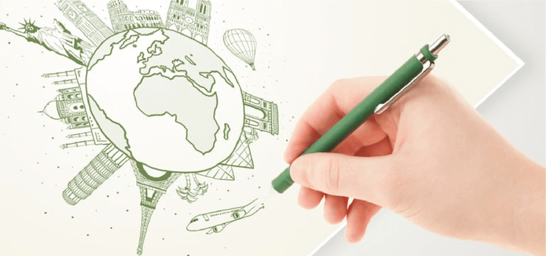 Hand drawing vacation trip around the globe with landmarks and major cities