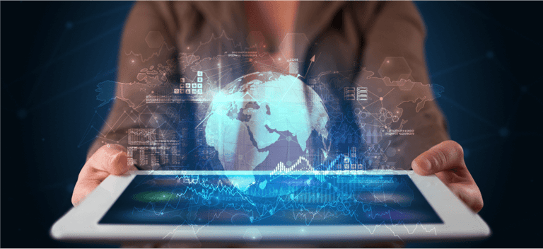 Hand holding tablet with global database concept