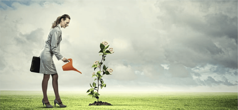 Image of business woman watering money tree. Currency concept