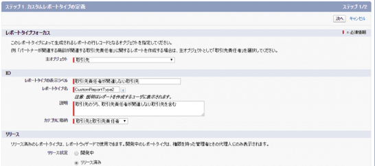 「カスタムレポートタイプの定義」を設定