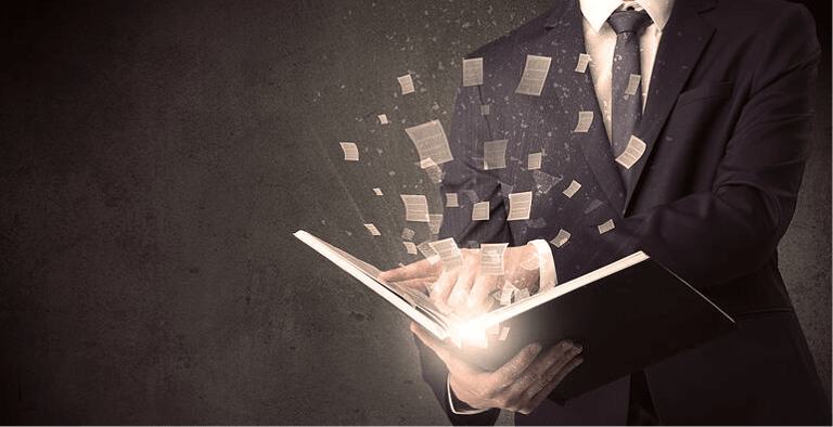 Man holding a book with document symbols around.