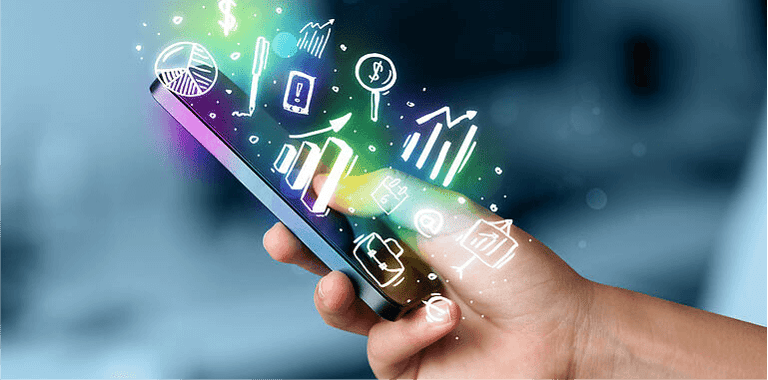 Smartphone with finance and market icons and symbols concept