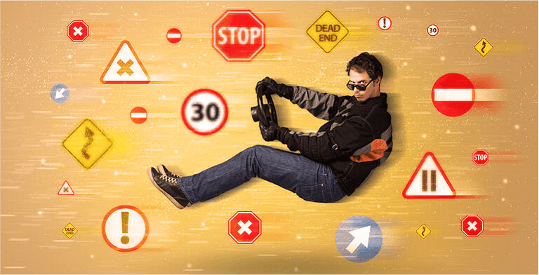 Young driver with road signs around him concept