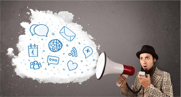Young man shouting into loudspeaker and modern blue icons and symbols come out