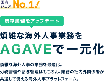 国内シェアNo.1！ 既存業務をアップデート 煩雑な海外人事業務をAGAVEで一元化