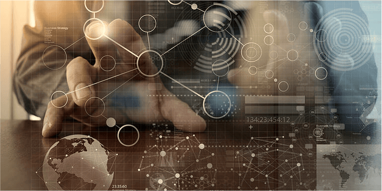 businessman hand working with modern technology and digital layer effect as business strategy concept